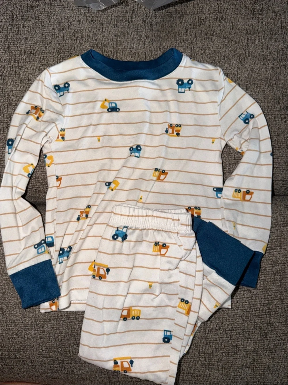 Tahari Cream Pajama Set with Blue and Yellow Construction Trucks